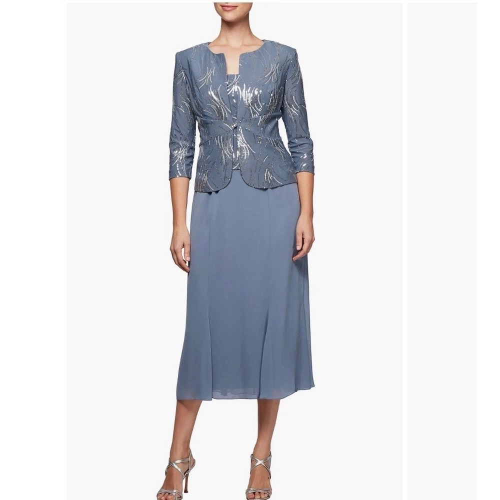 Alex Evenings Two Piece Sequins Jacket Chiffon Sleeveless Midi Dress Wedding 8